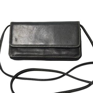 Fossil Black Leather Bi Fold Wallet w Removable Crossbody Strap Organizer Clutch